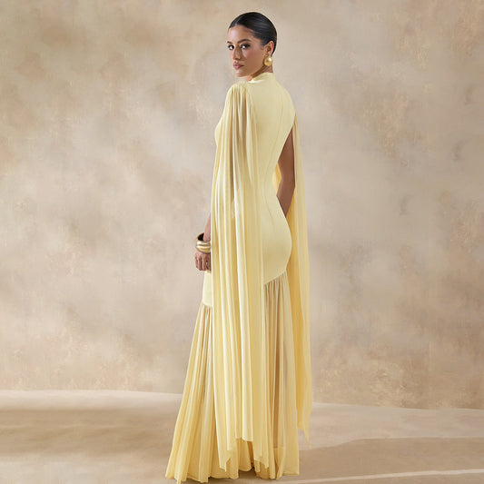 yellow mesh streamer maxi dress