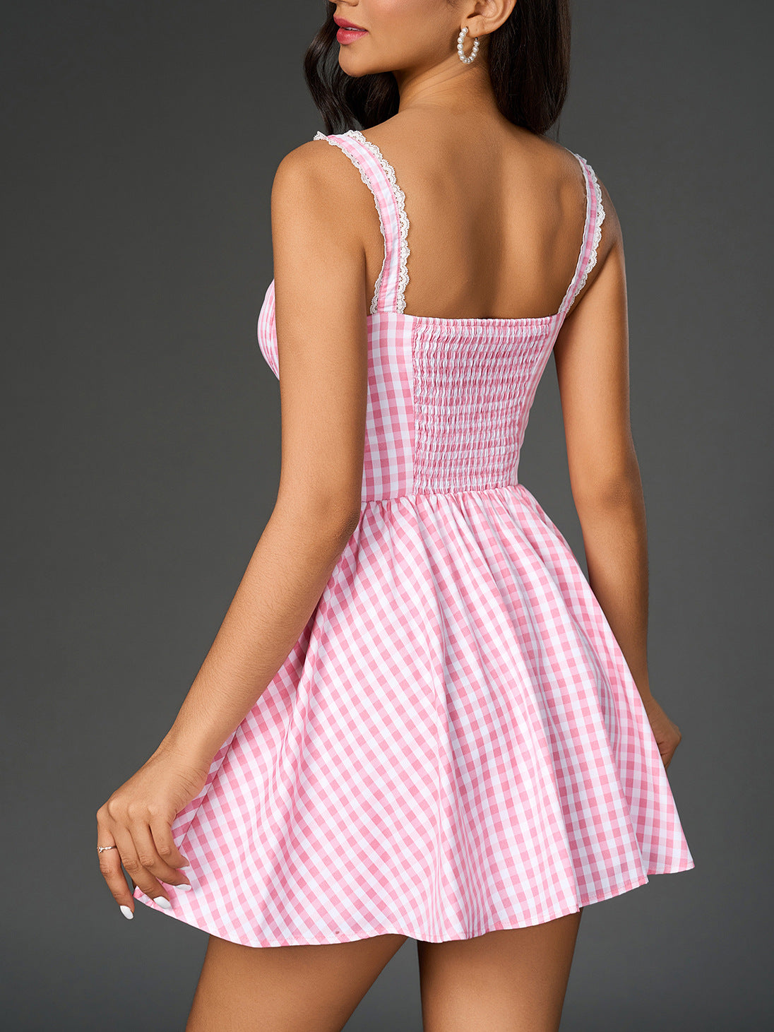 Pink plaid lace patchwork slip mini dress
