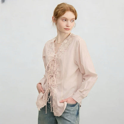 French V-neck tie-up lace embroidered jacquard shirt