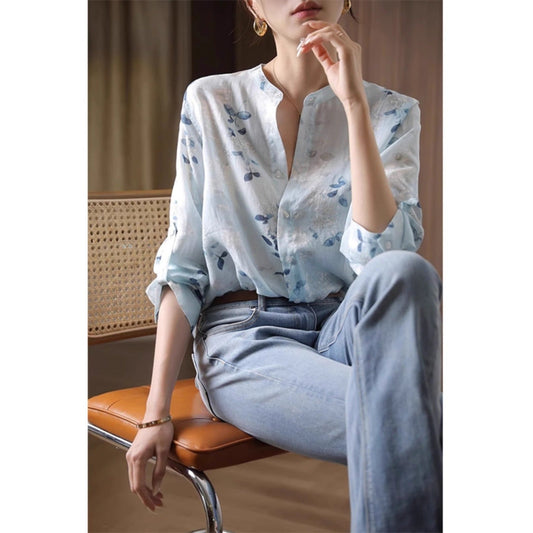 Three-quarter sleeve printed cotton shirt