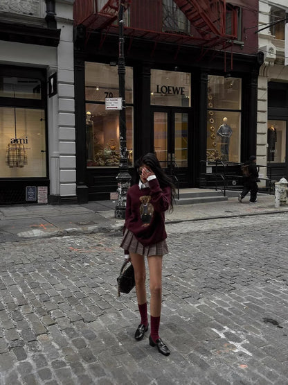 Burgundy retro bear embroidery loose pullover sweater