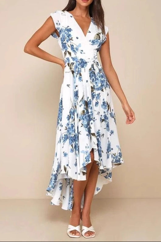 short sleeve V-neck print irregular maxi dress