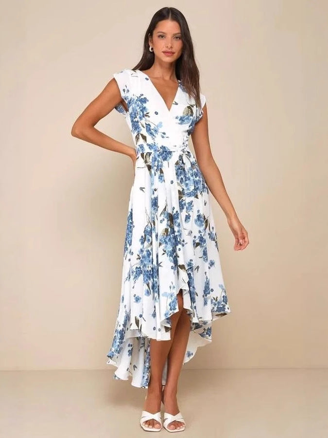 short sleeve V-neck print irregular maxi dress
