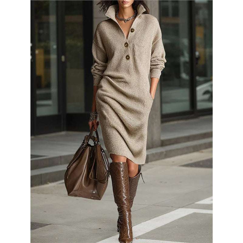 Button-down collar straight knit sweater midi dress