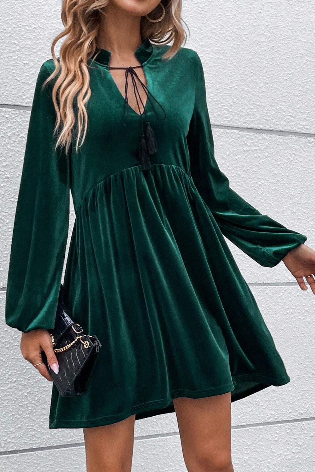 green puff sleeve velvet mini dress