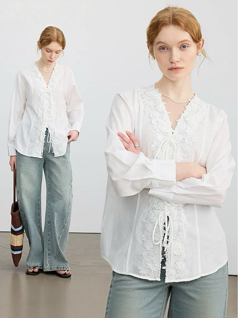 French V-neck tie-up lace embroidered jacquard shirt