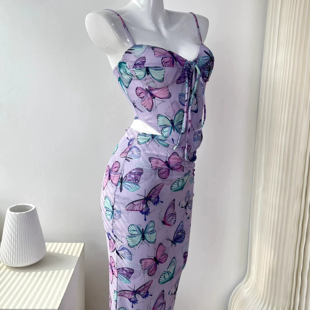 butterfly suspender mesh print fishbone skirt set