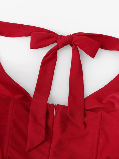 red halterneck herringbone backless cropped top