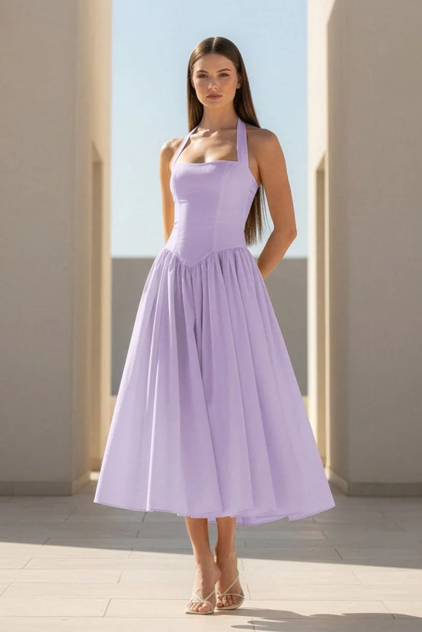 purple Halter Strappy Backless midi Dress