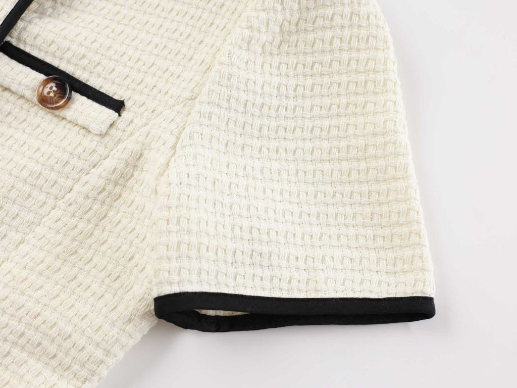 white knitted short-sleeved button-down  mini dress
