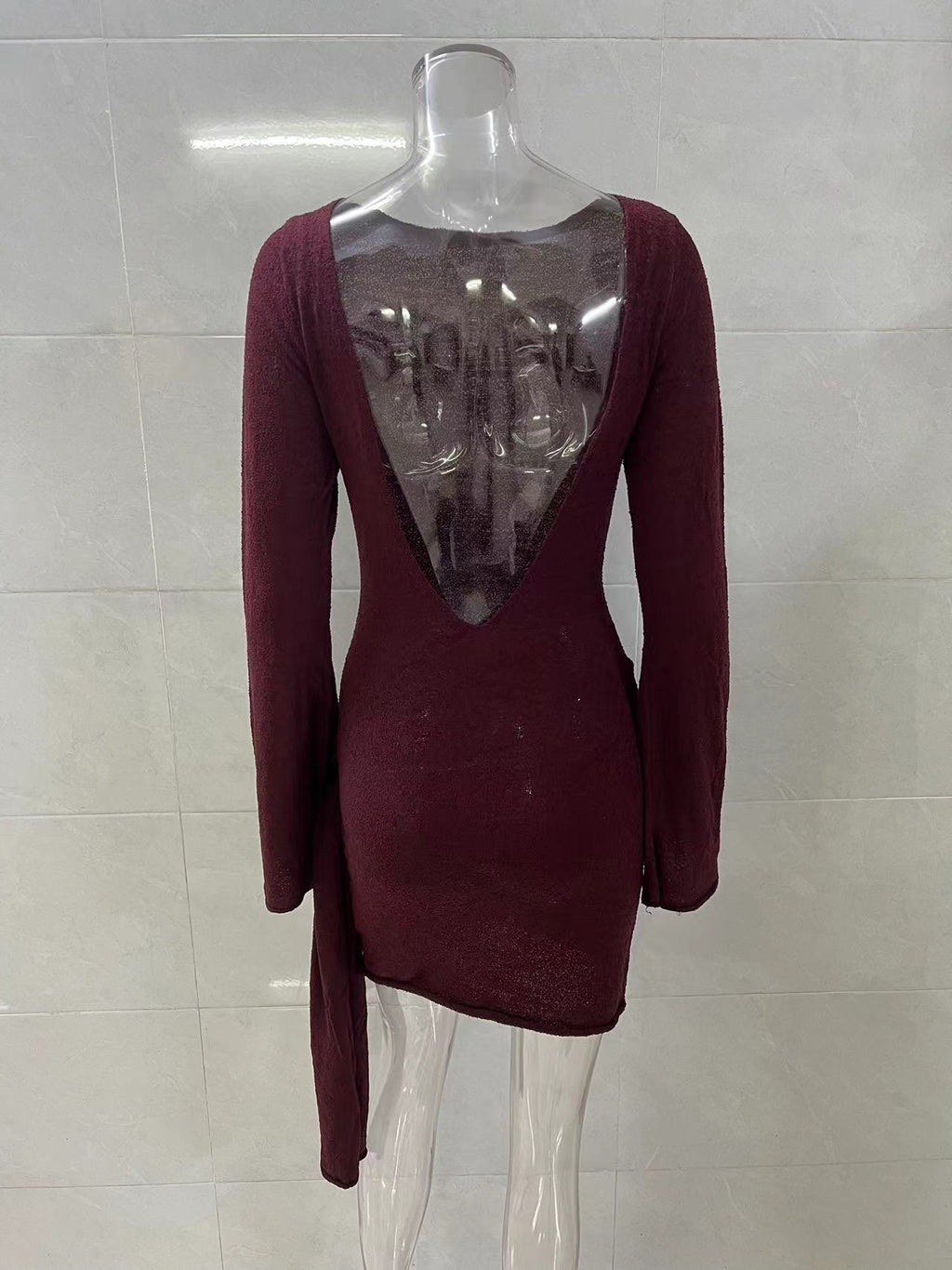 brown long sleeve knitted mini dress