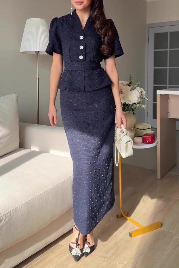 navy blue short-sleeved long skirt suit dress