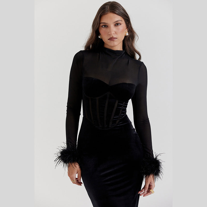 Furry Waist-cinching Mesh Patchwork maxi Dress