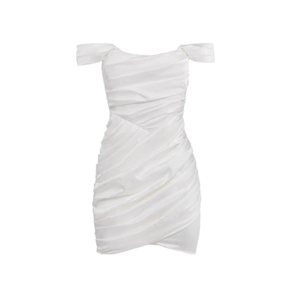 white off shoulder pleated mini dress