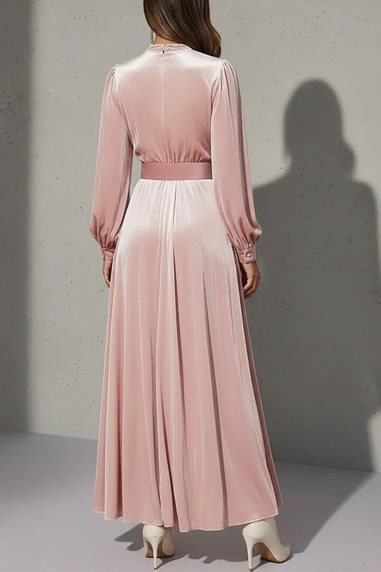 pink V-neck gold velvet maxi dress