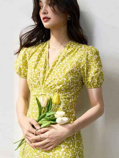 High-waisted V-neck pleated texture floral print midi dress - green