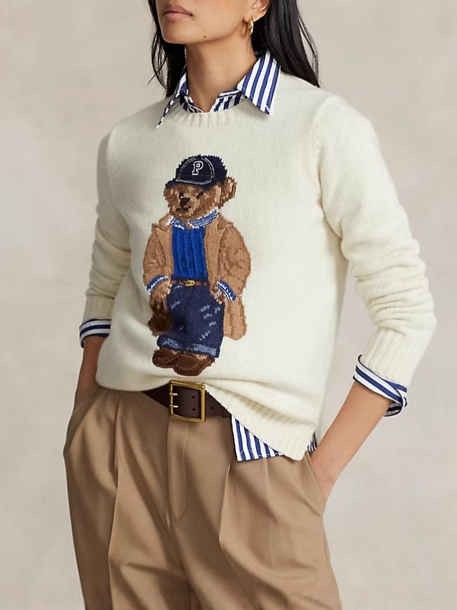 bear embroidered knitted sweater in ivory