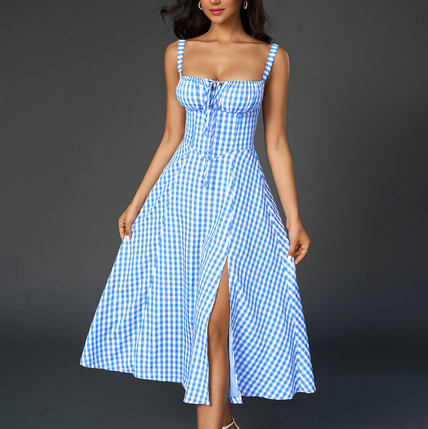 blue plaid herringbone slip slit backless chest tie long dress