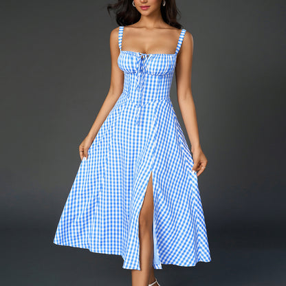 blue plaid herringbone slip slit backless chest tie long dress