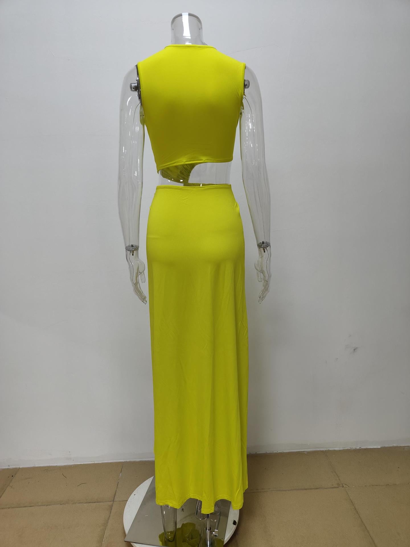 green Cutout Knot Slit V-Neck Sleeveless Pleated Irregular Dress