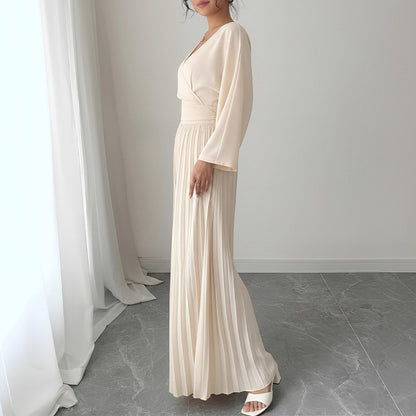 apricot V-Neck Pleated Wide-Leg Jumpsuit