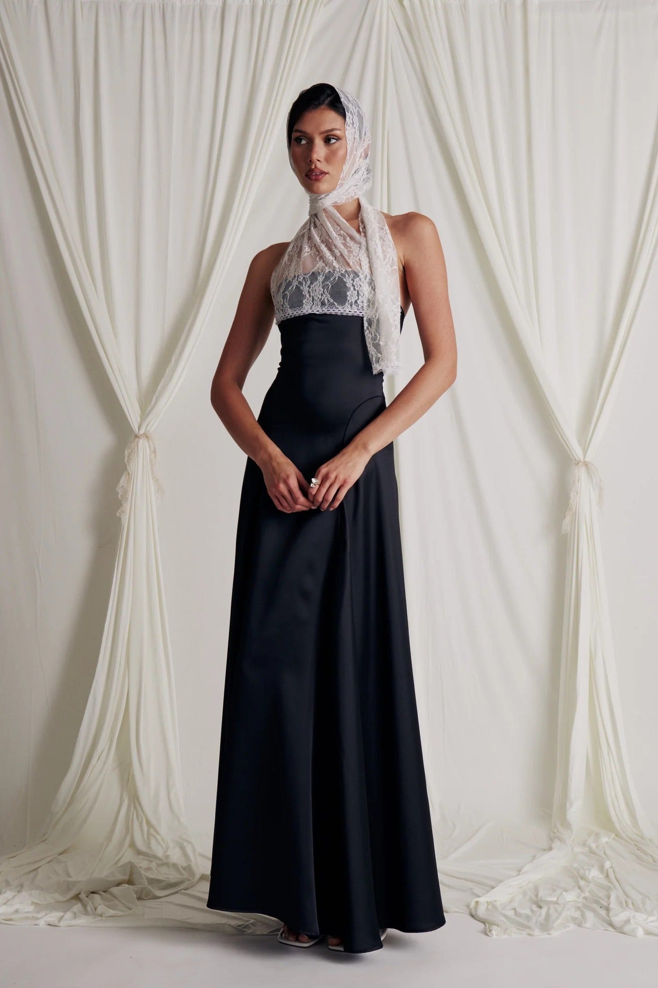 black halterneck lace patchwork satin dress