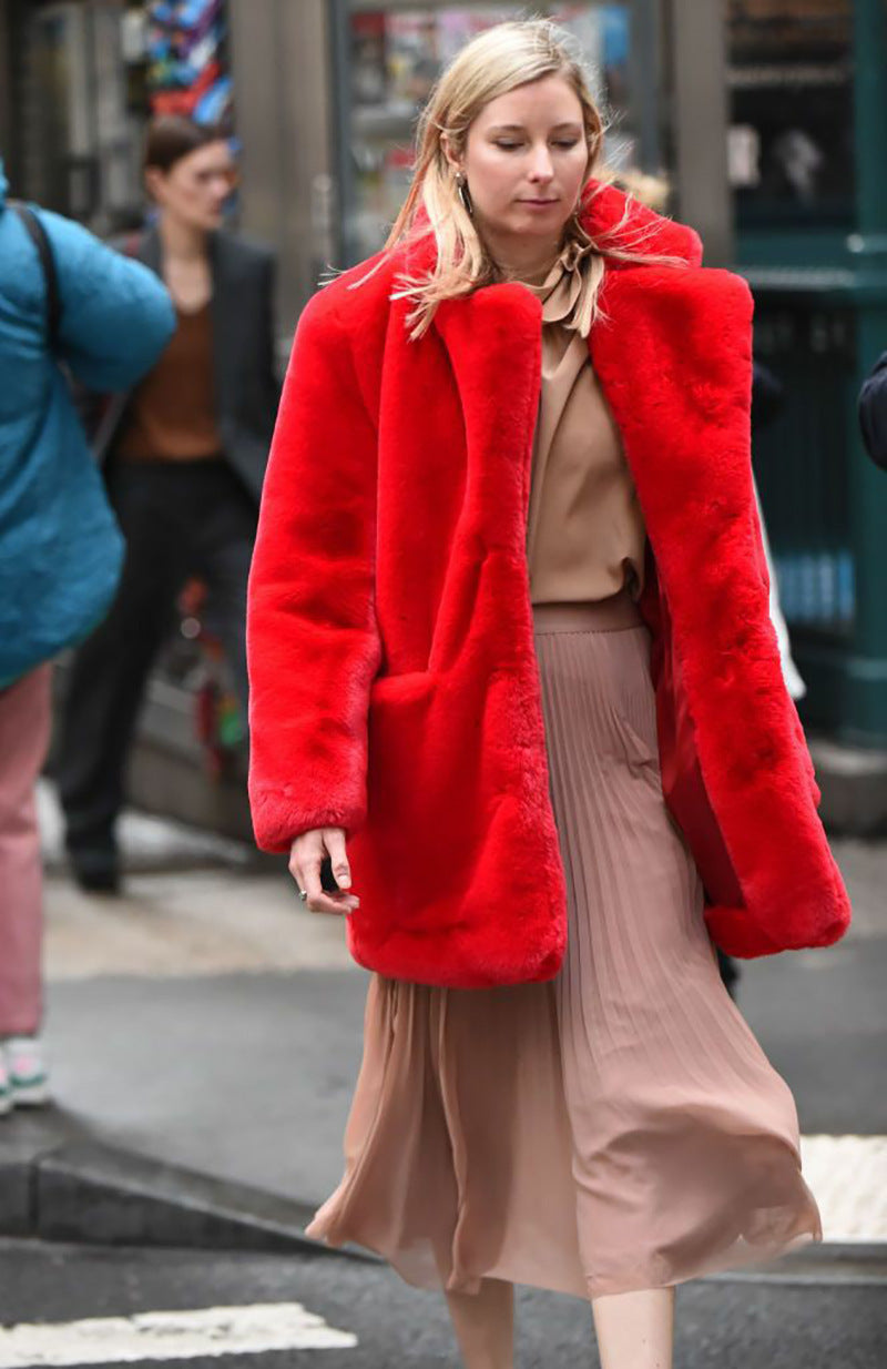 plus-size fur plush loose lapel midi coat