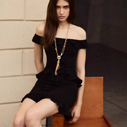 black one-shoulder ruffled mini dress