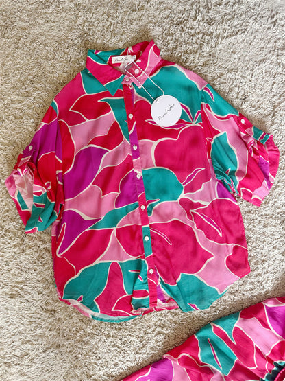 contrast color contrast collar shirt skirt two-piece set