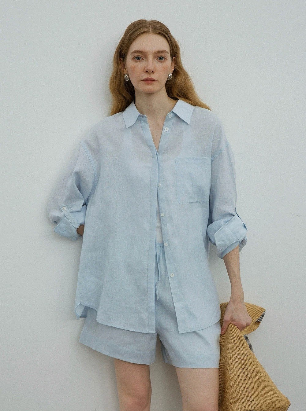 White linen oversized shirt and shorts set
