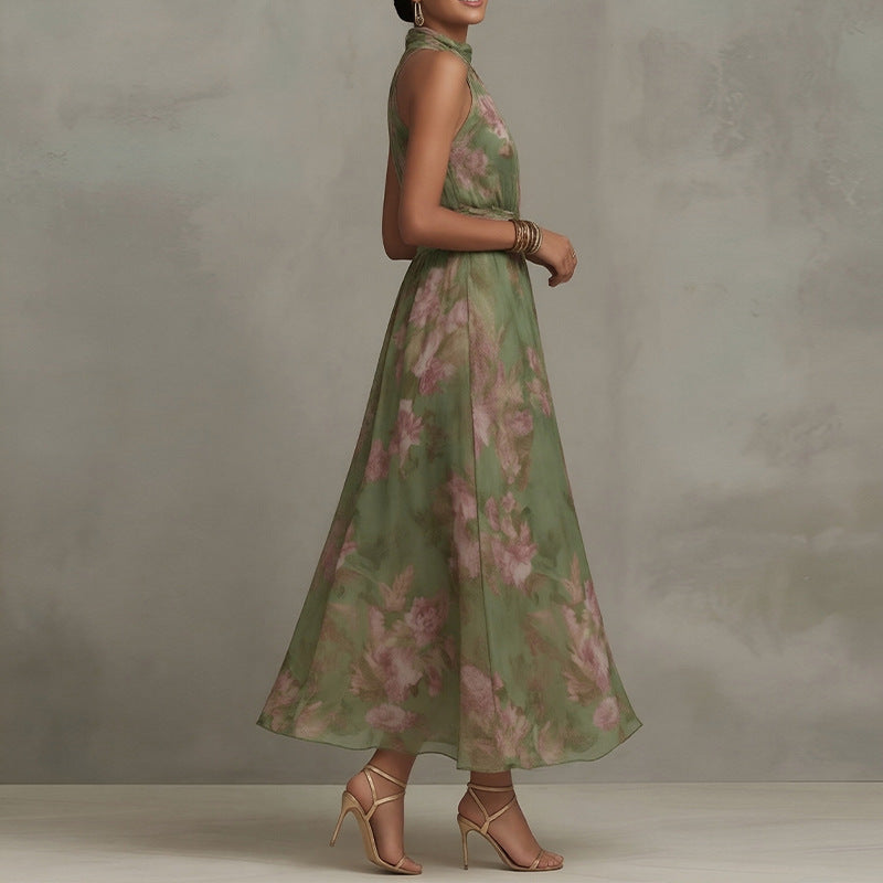 green printed halterneck waist dress