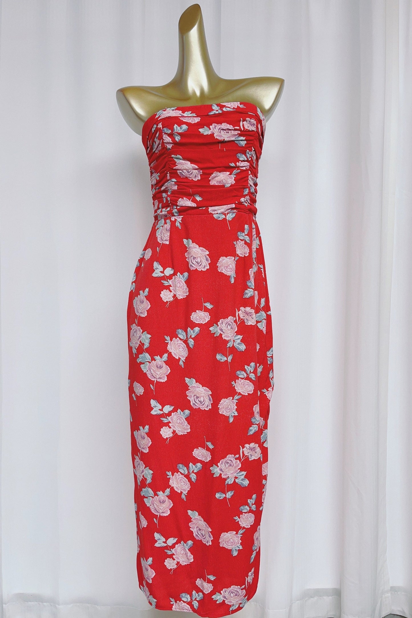 red floral pleated waist slit bandeau dress
