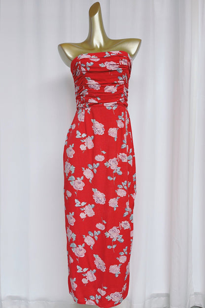 red floral pleated waist slit bandeau dress