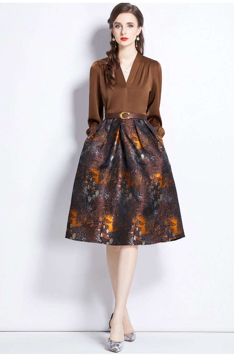 Deep V-neck patchwork jacquard puffy maxi dress