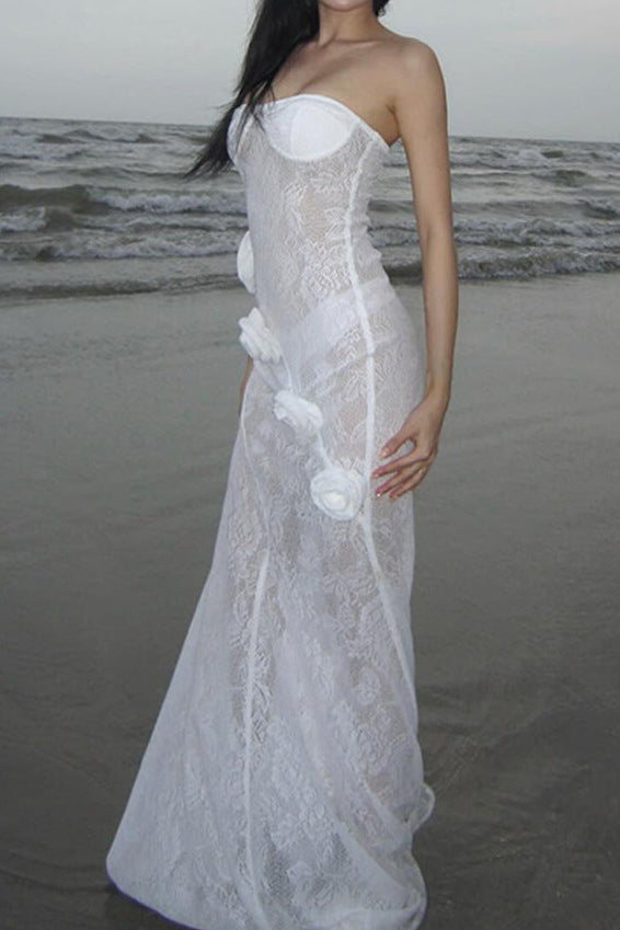 Sheer lace strapless dress with three-dimensional floral fishtail skirt - white