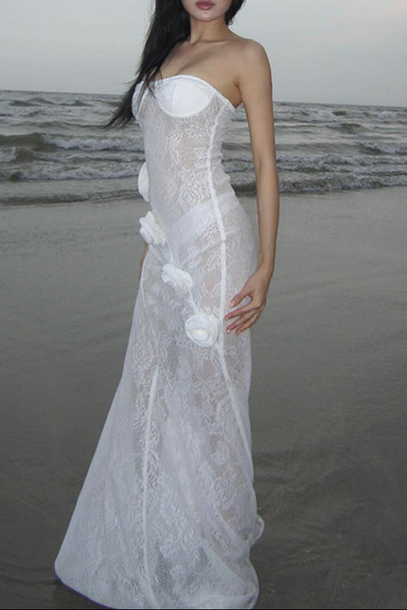 letitia white Lace strapless 3D floral mermaid dress