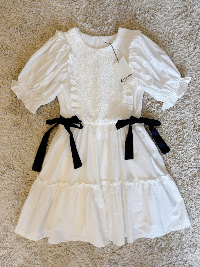 bow ruffled lantern sleeve pocket cotton dress