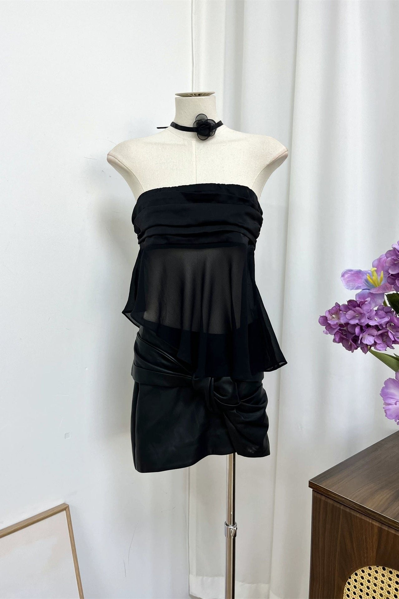 black satin chiffon splicing irregular hem bandeau