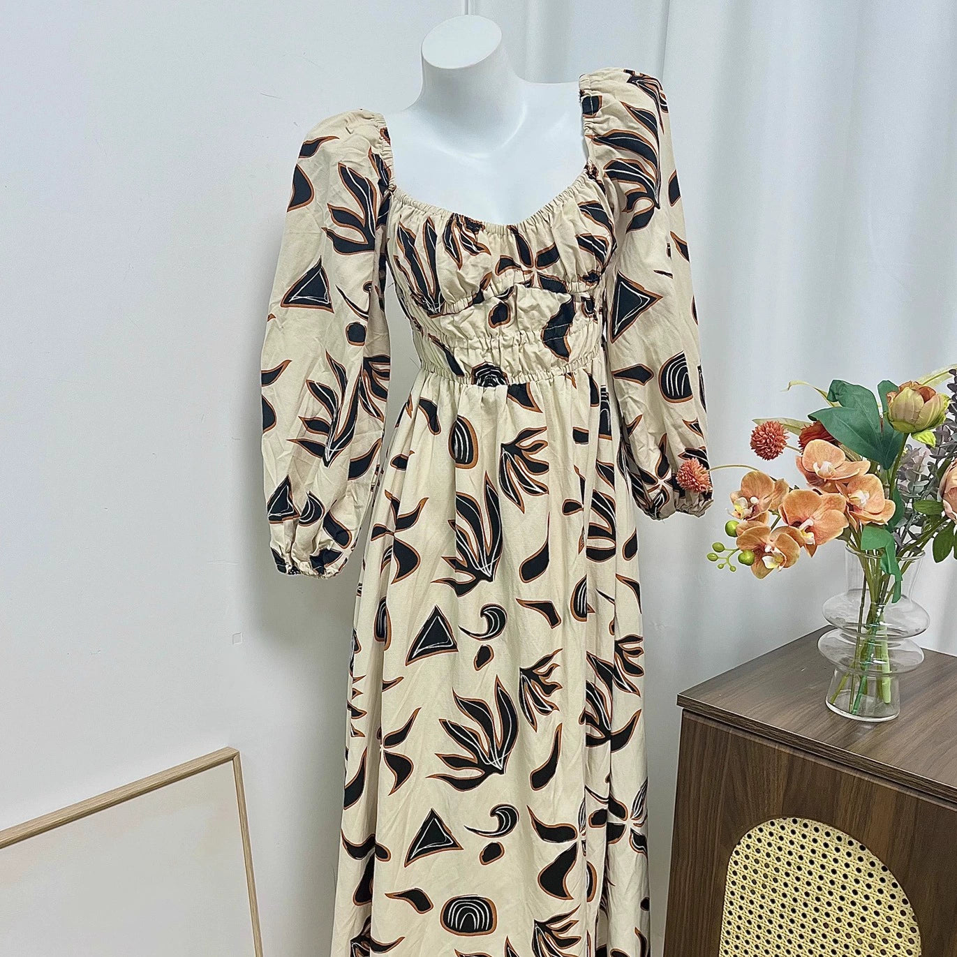 black square collar long sleeve dress