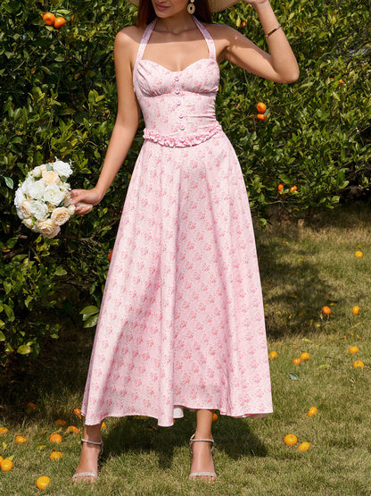 pink print Backless Halter-neck Tie-Up maxi Dress