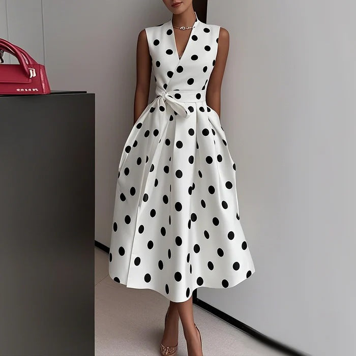 white polka dot strapless maxi dress