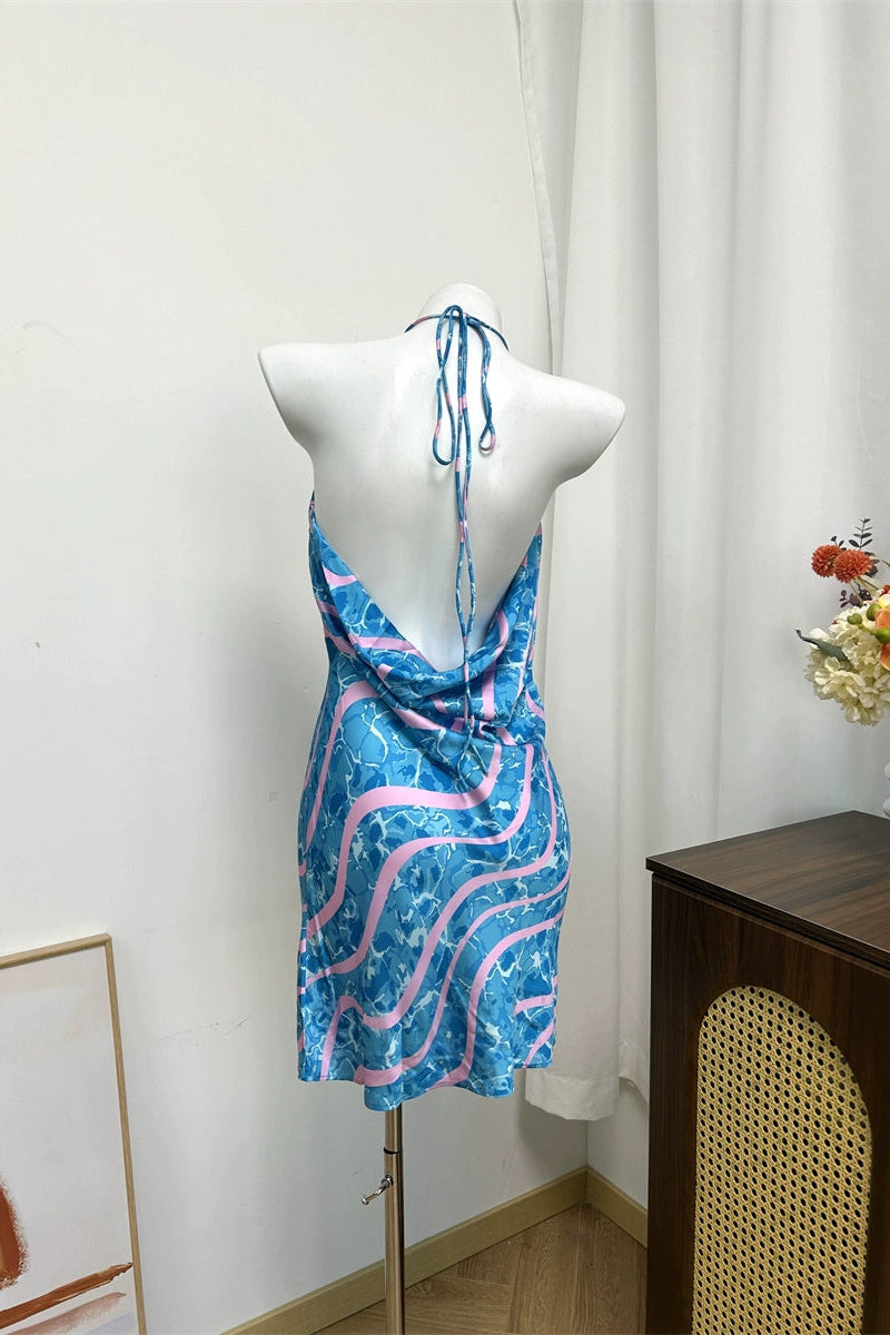 Blue Water Ripple Swing Collar Waist Dress