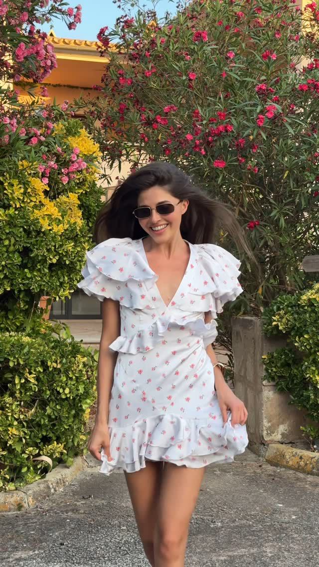 pink ruffled floral mini dress