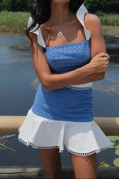 Ruffled camisole top and skirt set - white / Blue
