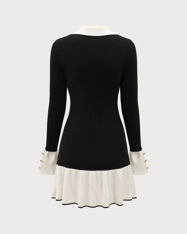 Black and white long-sleeved knitted ruffled mini dress