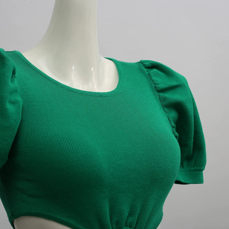 green hollow knitted mini dress