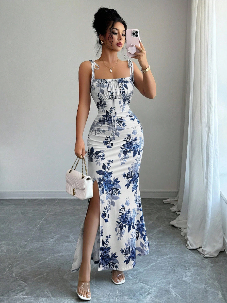 slip flower slim slit dress
