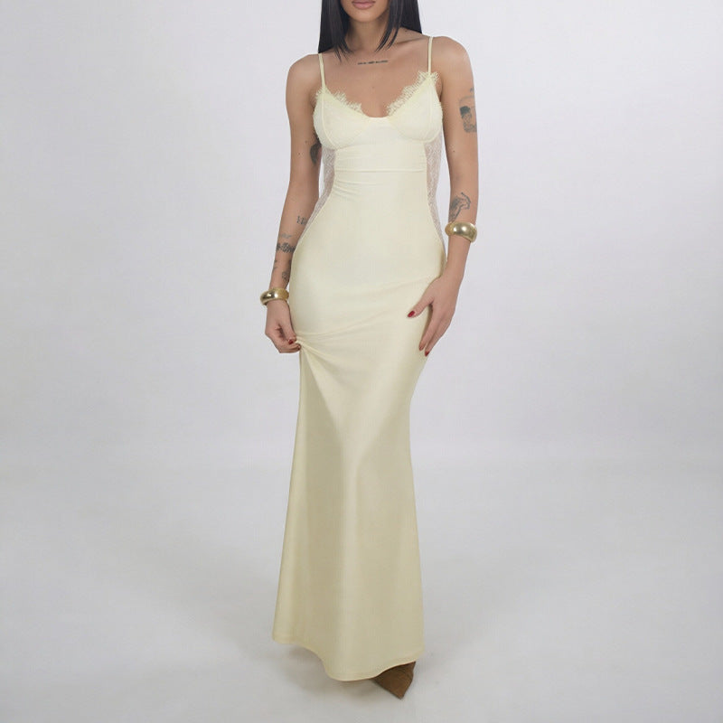 yellow Lace Suspender Waist Slim Dress