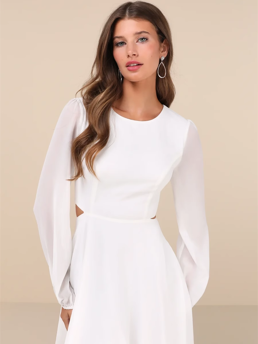 white long-sleeved chiffon waistless dress