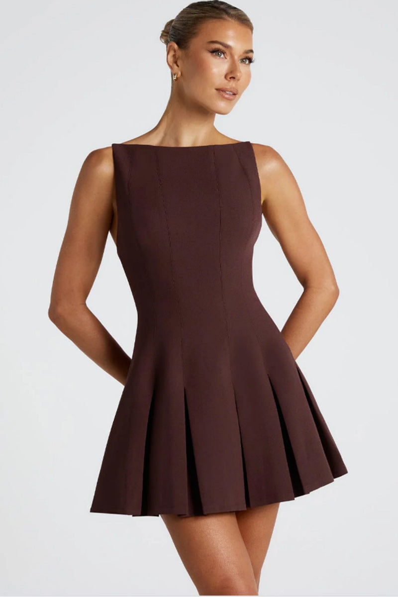 brown Spaghetti strap backless pleated mini dress